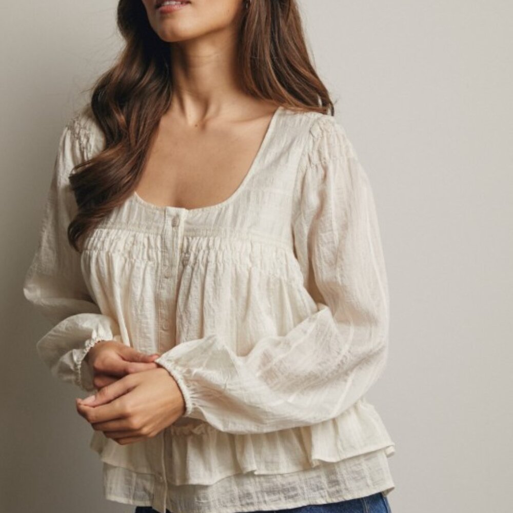 Ruffle Hem Peasant Blouse in Ecru - Picture 3 of 16